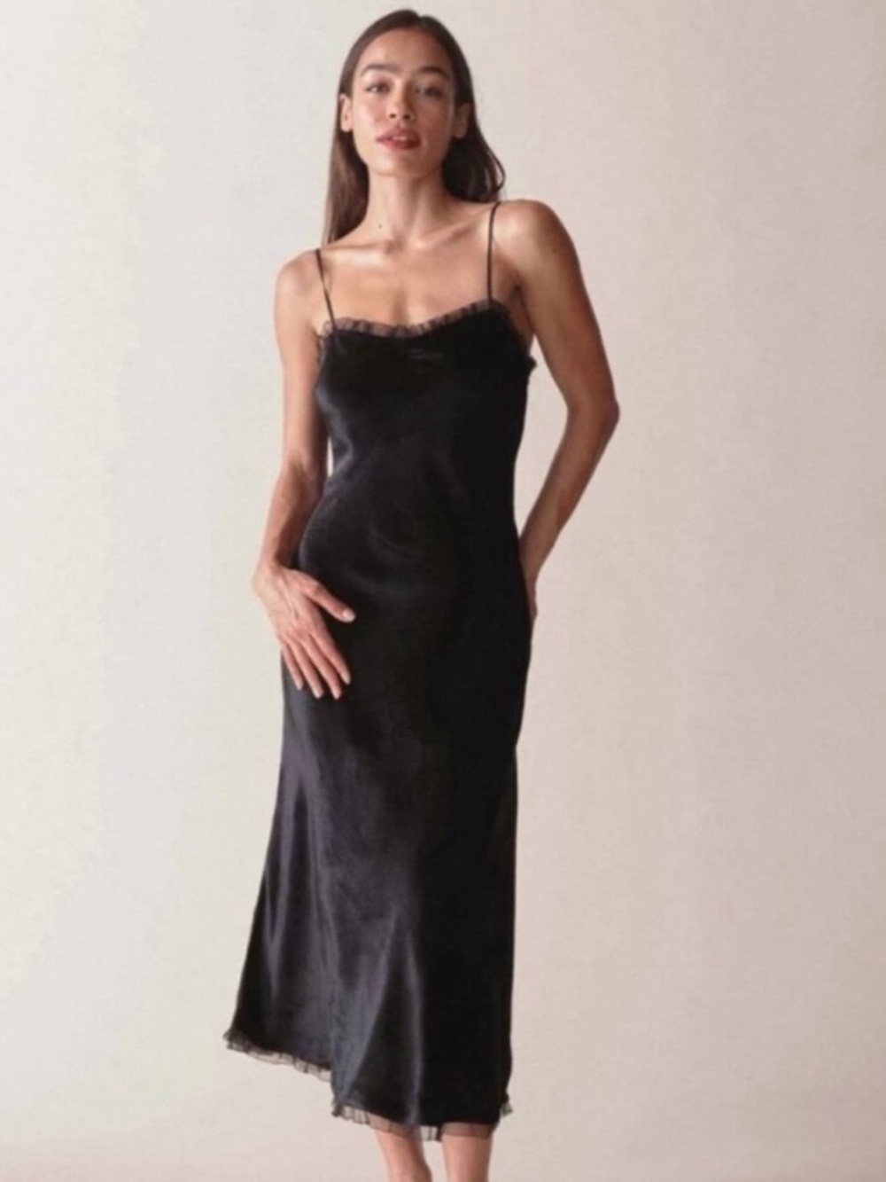 Doen Black Calsi Midi Slip Dress with Delicate Lace Trim -Small